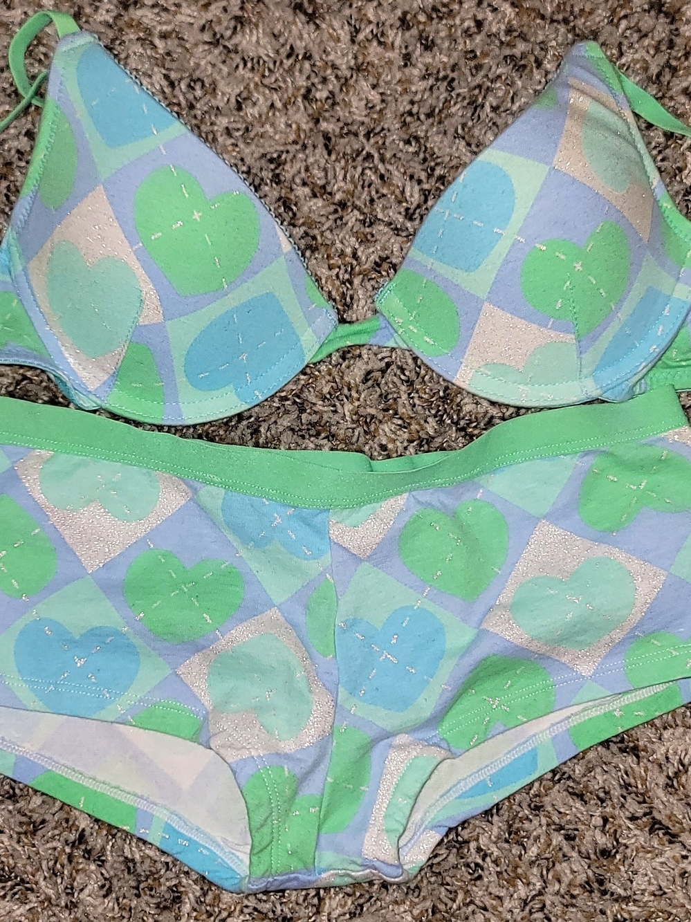Green & Blue Heart Bra and Boyshort Set Bra Size 34B